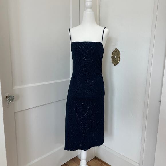 Vintage 90s Y2K – Navy Blue Sparkle Asymmetrical Midi Slip Dress - Picture 2 of 10